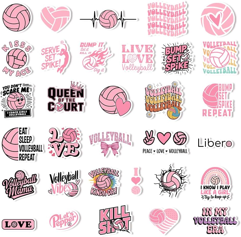 32PCS Pink Volleyball Stickers for Girls, Waterproof Vinyl Decals Pack, Cute Athletic Die-Cut Stickers for Water Bottles, Laptop, Tumbler, Sports Bag, Team Gifts