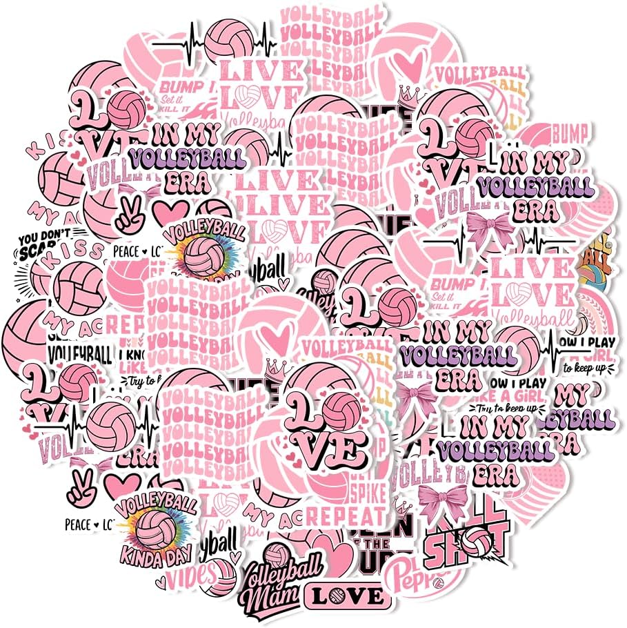 32PCS Pink Volleyball Stickers for Girls, Waterproof Vinyl Decals Pack, Cute Athletic Die-Cut Stickers for Water Bottles, Laptop, Tumbler, Sports Bag, Team Gifts